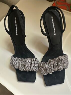 Alexander Wang Black Crystal-Trim Suede Slingback Heels